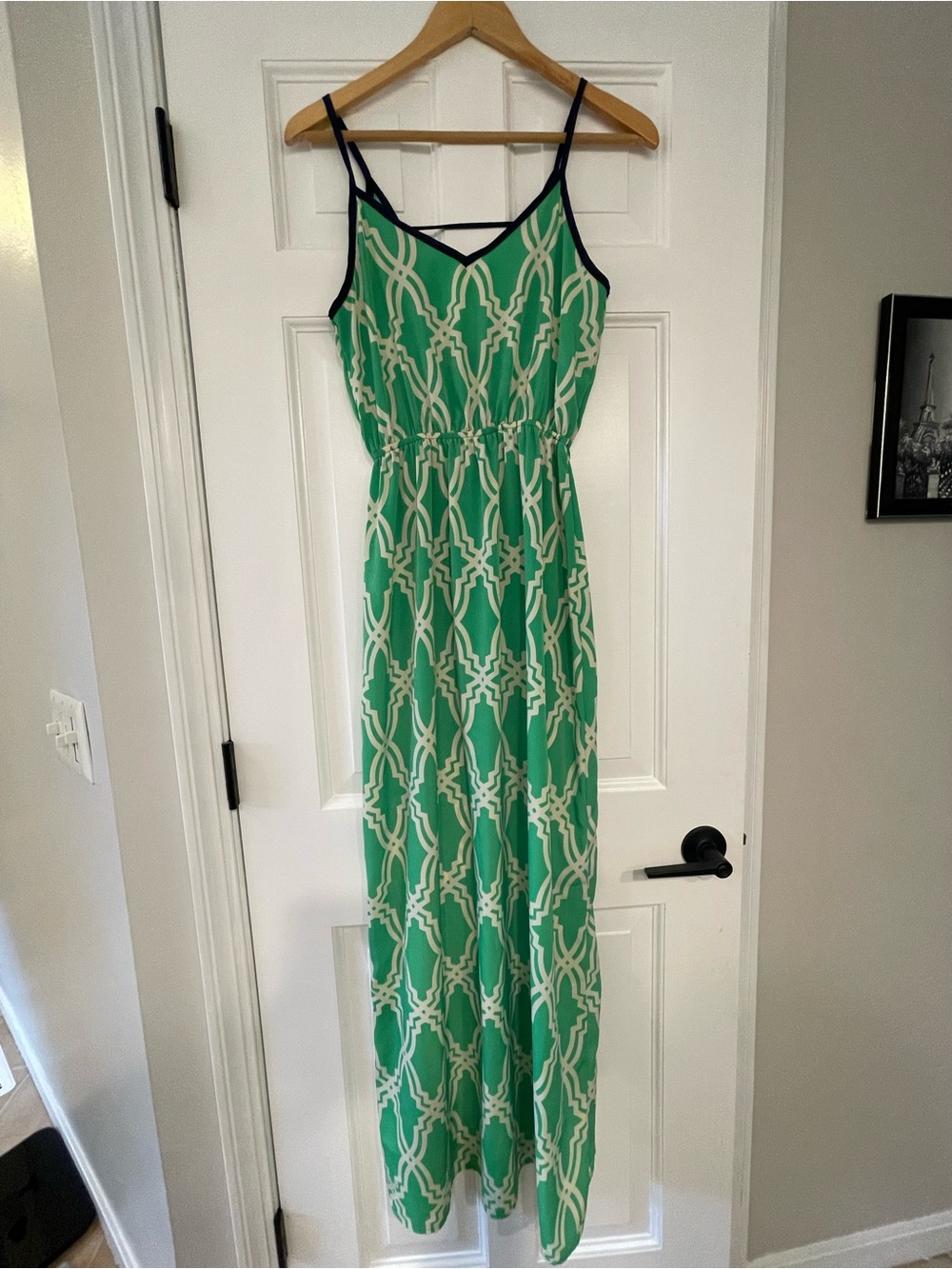 Francesca's Collections Green and White Geometric Maxi Dress with Navy Trim